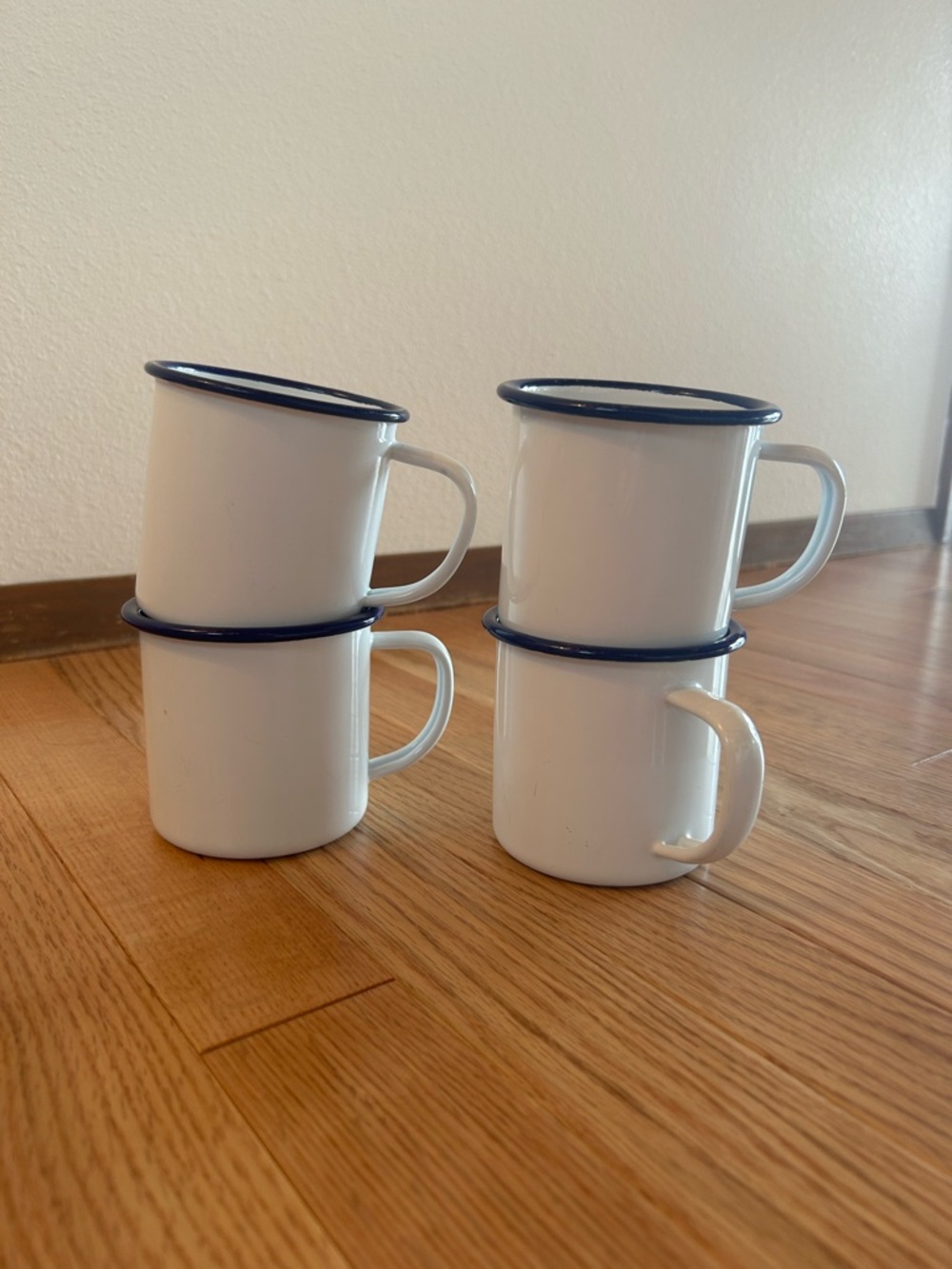 Falcon Enamel White Camping Mugs with Blue Rim - Set of 4